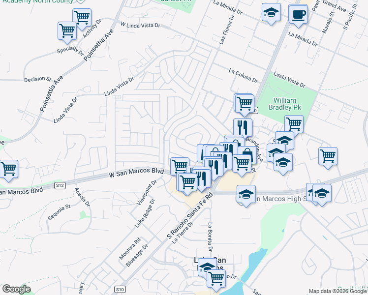 map of restaurants, bars, coffee shops, grocery stores, and more near 650 South Rancho Santa Fe Road in San Marcos