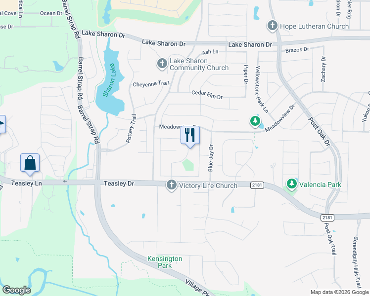 map of restaurants, bars, coffee shops, grocery stores, and more near 1418 Park Palisades Drive in Corinth