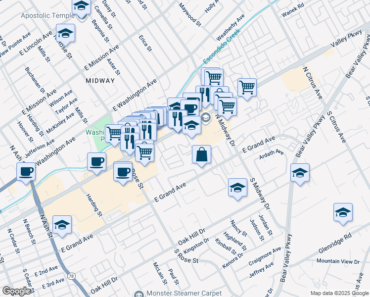 map of restaurants, bars, coffee shops, grocery stores, and more near 1825 East Valley Parkway in Escondido