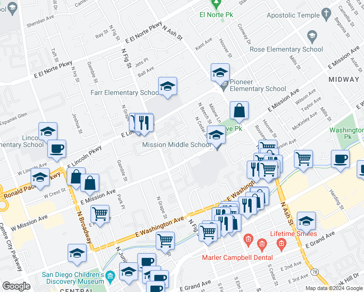 map of restaurants, bars, coffee shops, grocery stores, and more near 908 North Fig Street in Escondido