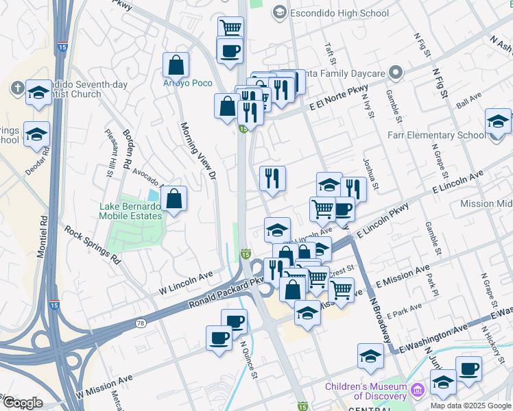 map of restaurants, bars, coffee shops, grocery stores, and more near 1169 Decatur Way in Escondido