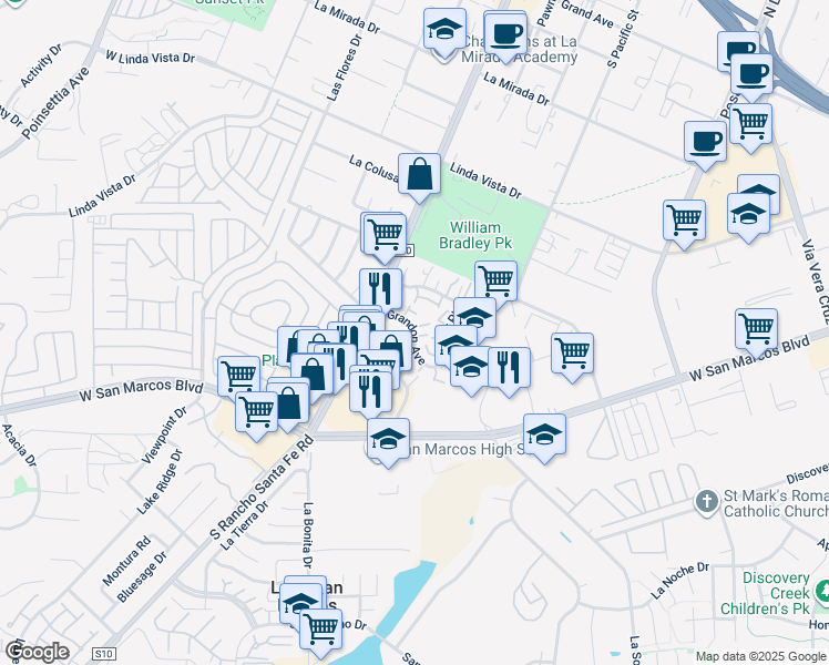 map of restaurants, bars, coffee shops, grocery stores, and more near 1554 Grandon Avenue in San Marcos