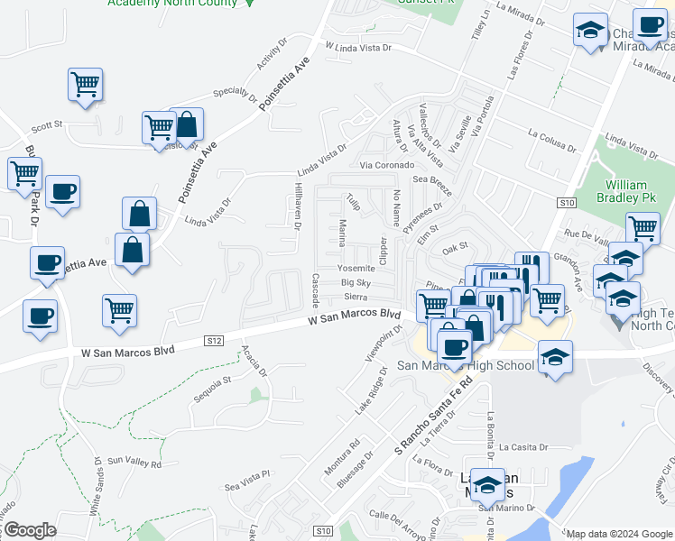 map of restaurants, bars, coffee shops, grocery stores, and more near Himalaya Dr in San Marcos