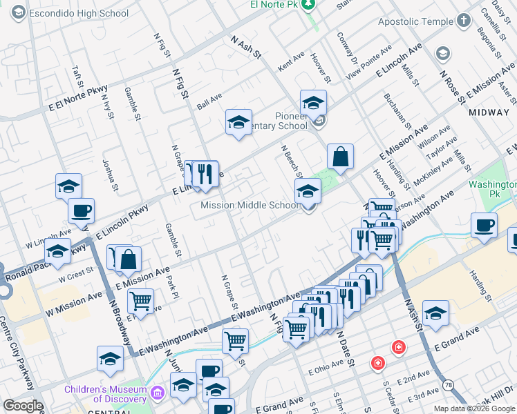 map of restaurants, bars, coffee shops, grocery stores, and more near 740-86 East Mission Avenue in Escondido