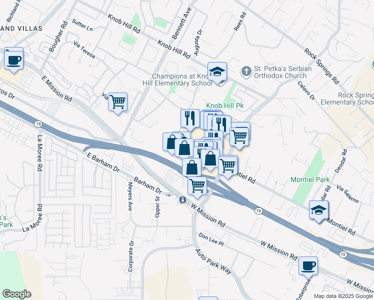 map of restaurants, bars, coffee shops, grocery stores, and more near 720 Center Drive in San Marcos