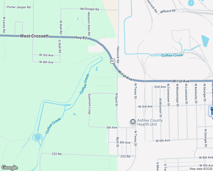 map of restaurants, bars, coffee shops, grocery stores, and more near 1606 McDaniel Road in Crossett