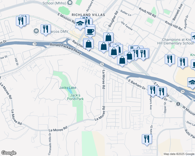 map of restaurants, bars, coffee shops, grocery stores, and more near 916 Mira Lago Way in San Marcos