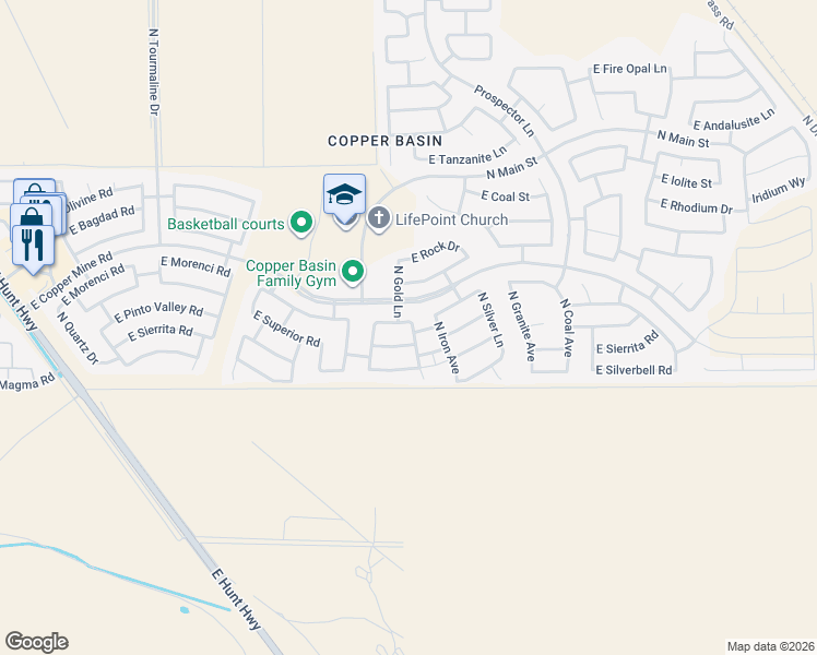 map of restaurants, bars, coffee shops, grocery stores, and more near 3867 East Morenci Road in San Tan Valley