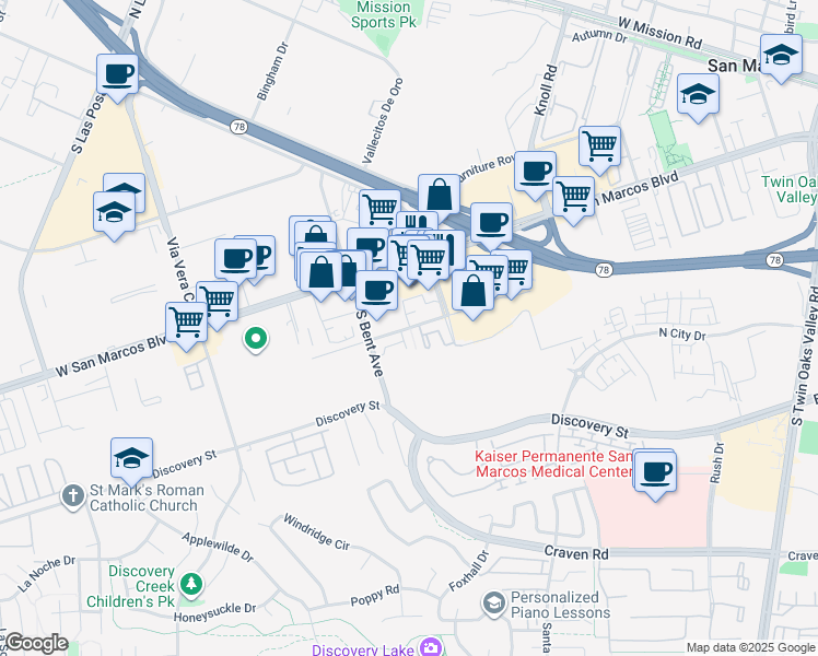 map of restaurants, bars, coffee shops, grocery stores, and more near Creekside Drive in San Marcos