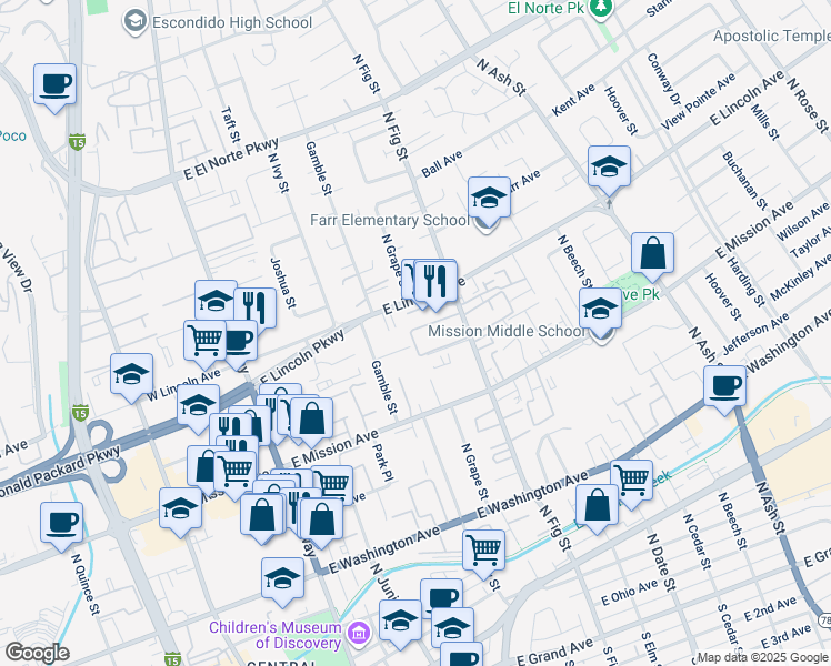 map of restaurants, bars, coffee shops, grocery stores, and more near 913 North Fig Street in Escondido