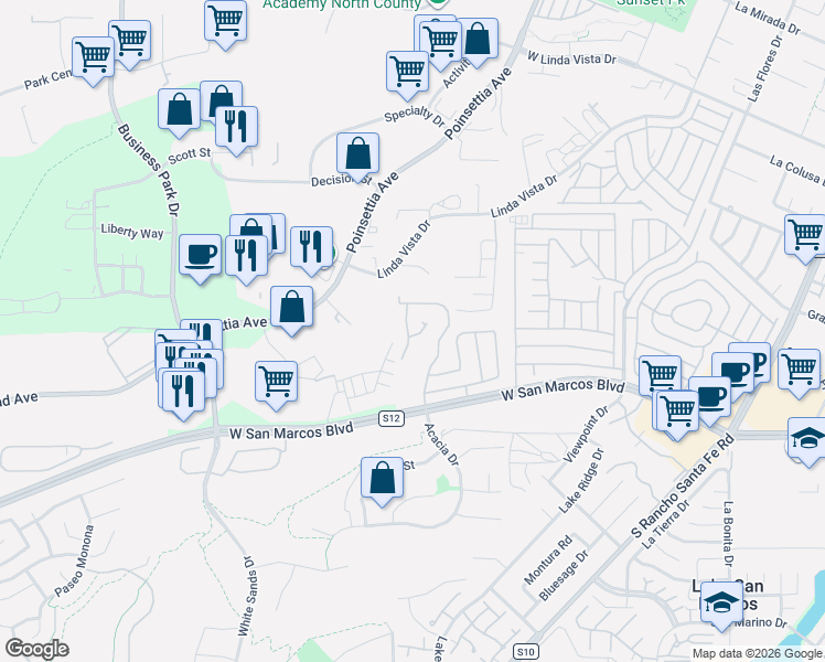 map of restaurants, bars, coffee shops, grocery stores, and more near 2010 West San Marcos Boulevard in San Marcos