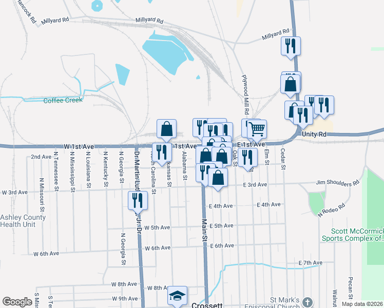 map of restaurants, bars, coffee shops, grocery stores, and more near 100 West 1st Avenue in Crossett