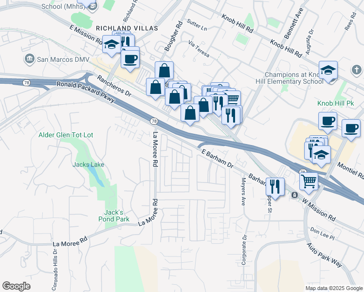 map of restaurants, bars, coffee shops, grocery stores, and more near Cl Vista in San Marcos