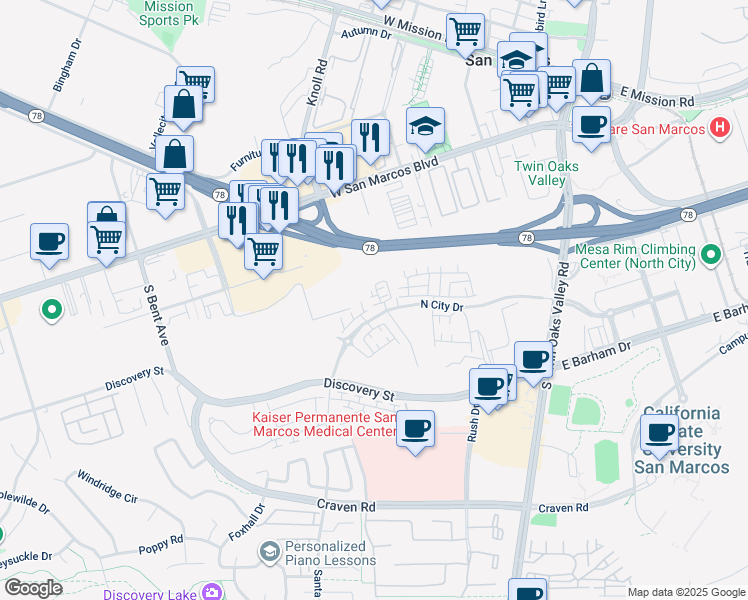 map of restaurants, bars, coffee shops, grocery stores, and more near 432 Caliper Way in San Marcos