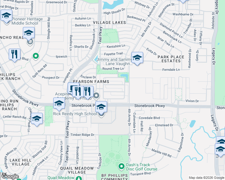 map of restaurants, bars, coffee shops, grocery stores, and more near 3119 Clearfork Trail in Frisco