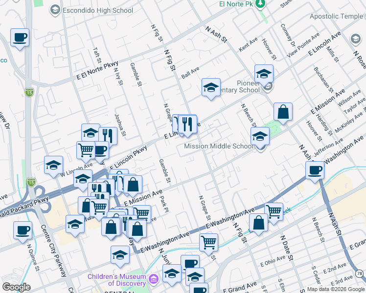 map of restaurants, bars, coffee shops, grocery stores, and more near 915 North Fig Street in Escondido