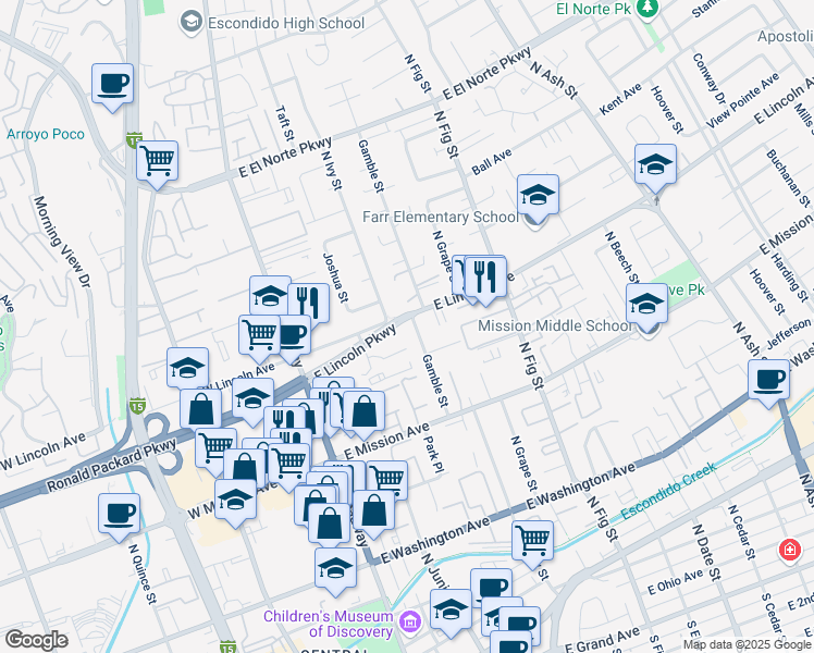 map of restaurants, bars, coffee shops, grocery stores, and more near 997 Gamble Street in Escondido