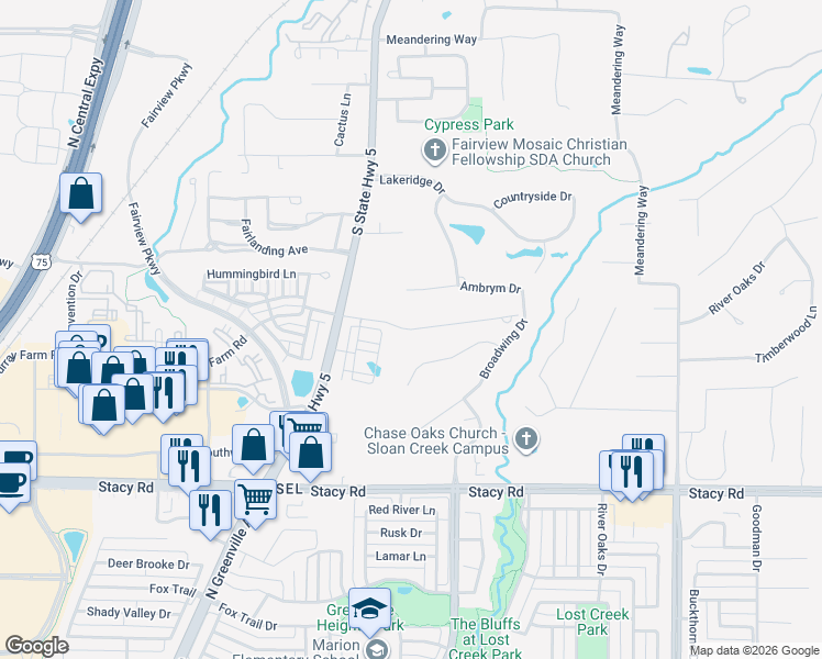 map of restaurants, bars, coffee shops, grocery stores, and more near Bluebird Lane in Fairview
