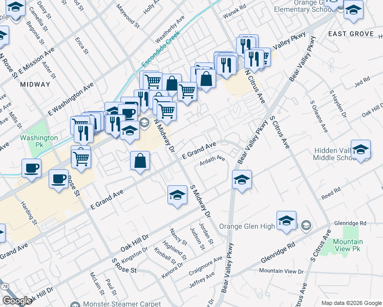 map of restaurants, bars, coffee shops, grocery stores, and more near 2094 East Grand Avenue in Escondido