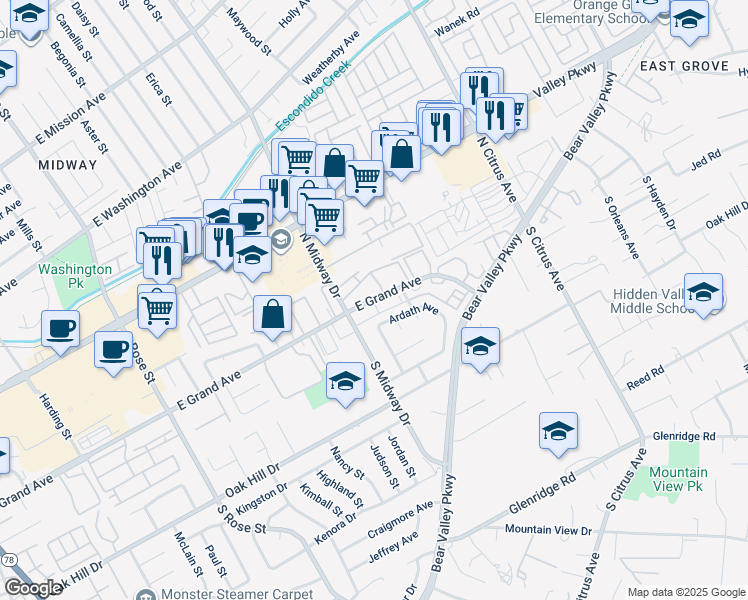 map of restaurants, bars, coffee shops, grocery stores, and more near 2094 East Grand Avenue in Escondido
