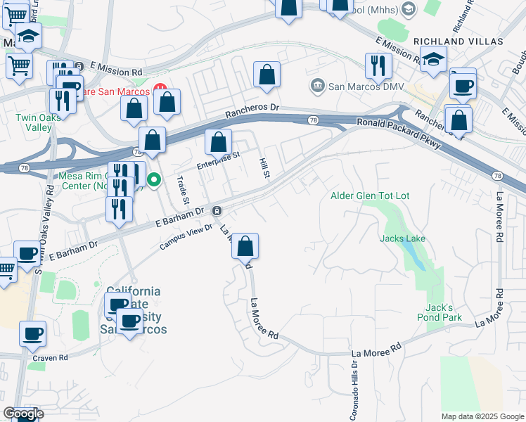 map of restaurants, bars, coffee shops, grocery stores, and more near 1495 East Barham Lane in San Marcos