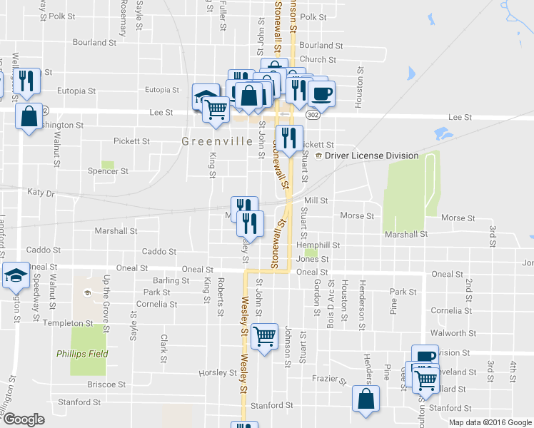 map of restaurants, bars, coffee shops, grocery stores, and more near 3101 Saint John Street in Greenville