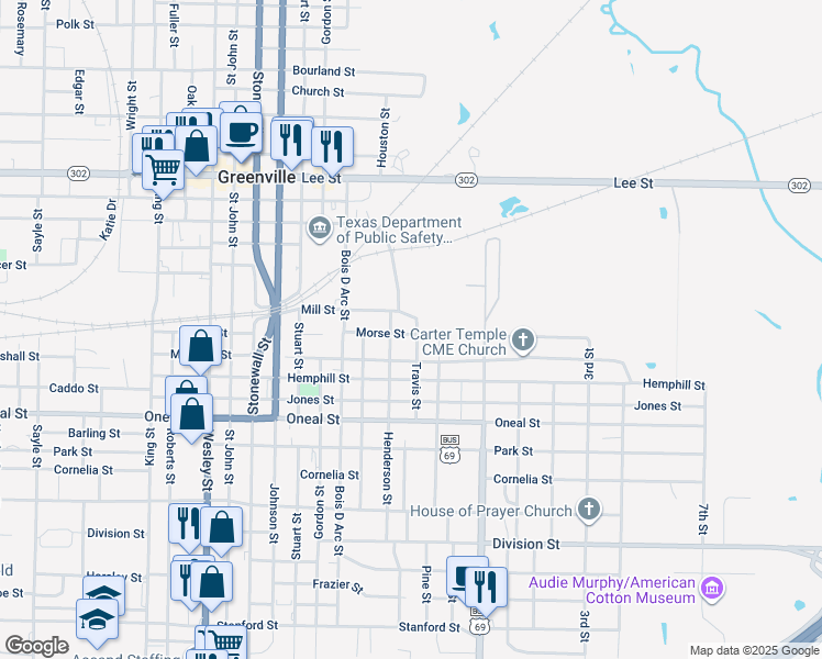 map of restaurants, bars, coffee shops, grocery stores, and more near 3110 Travis Street in Greenville