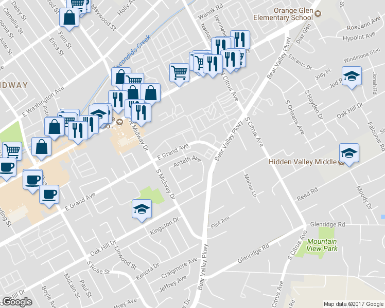 map of restaurants, bars, coffee shops, grocery stores, and more near 2130 Ardath Avenue in Escondido