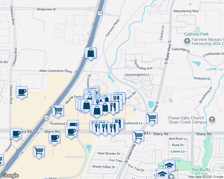 map of restaurants, bars, coffee shops, grocery stores, and more near Murray Farm Road in Fairview