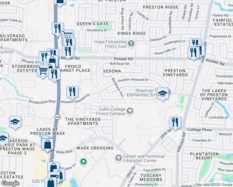 map of restaurants, bars, coffee shops, grocery stores, and more near 9825 Concord Drive in Frisco