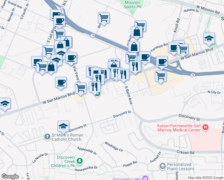 map of restaurants, bars, coffee shops, grocery stores, and more near 423 Daisy Lane in San Marcos
