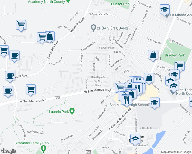 map of restaurants, bars, coffee shops, grocery stores, and more near Himalaya Dr in San Marcos