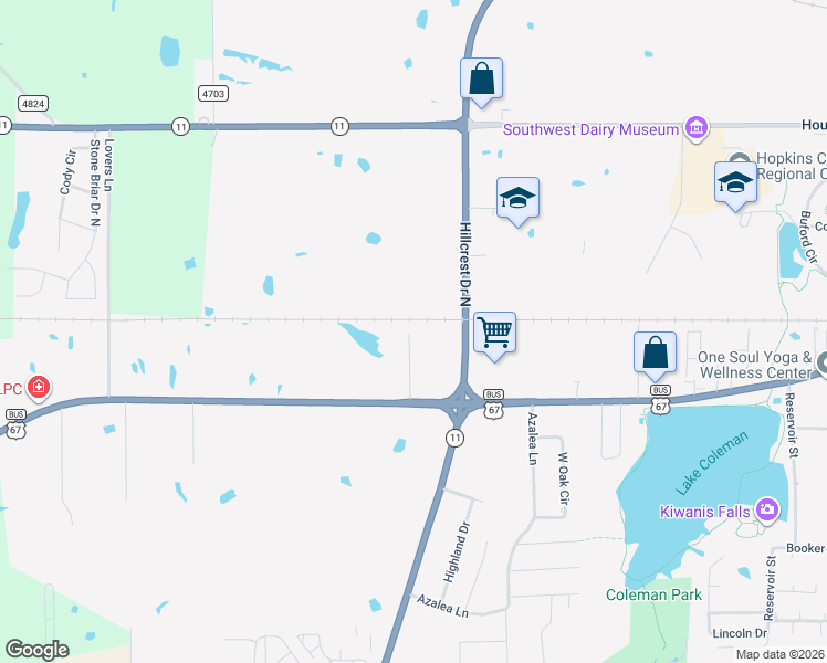 map of restaurants, bars, coffee shops, grocery stores, and more near 116 Mark Street in Sulphur Springs
