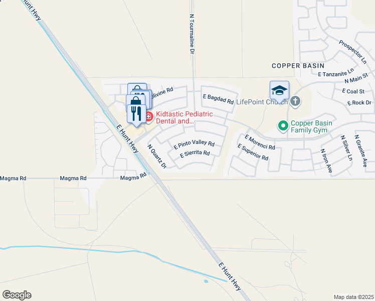 map of restaurants, bars, coffee shops, grocery stores, and more near 2904 East Sierrita Road in Queen Creek