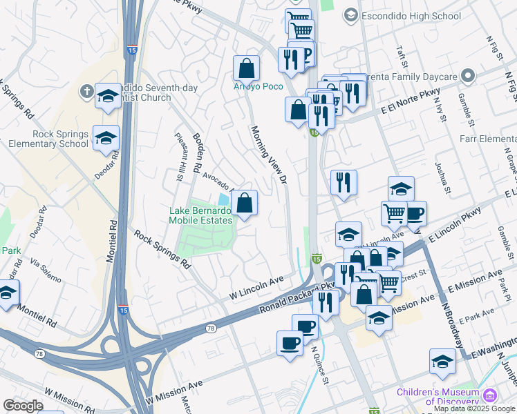 map of restaurants, bars, coffee shops, grocery stores, and more near 1172 Avocado Avenue in Escondido