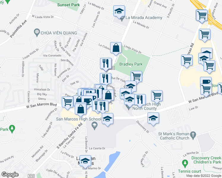 map of restaurants, bars, coffee shops, grocery stores, and more near 1609 Grandon Avenue in San Marcos