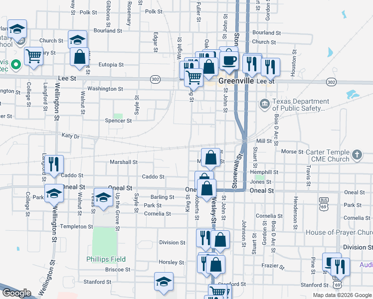 map of restaurants, bars, coffee shops, grocery stores, and more near 2908 Morse Street in Greenville