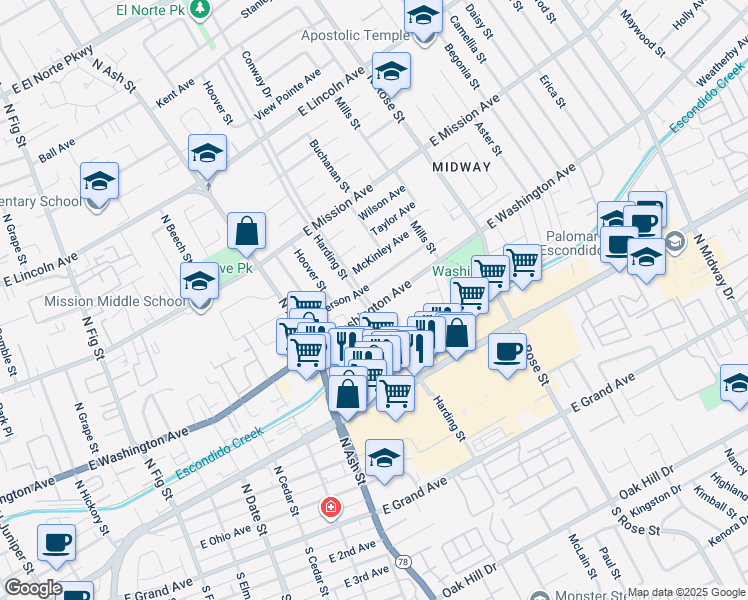 map of restaurants, bars, coffee shops, grocery stores, and more near 1319 Jefferson Avenue in Escondido
