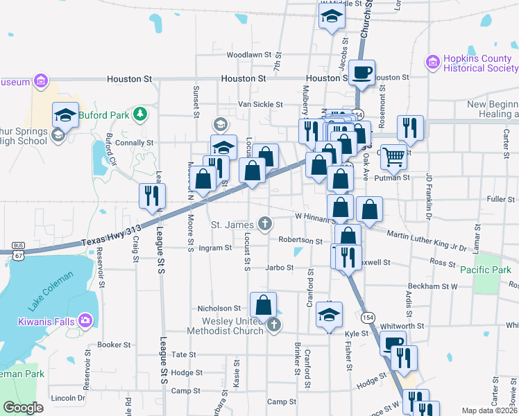 map of restaurants, bars, coffee shops, grocery stores, and more near 227 Texas Street in Sulphur Springs
