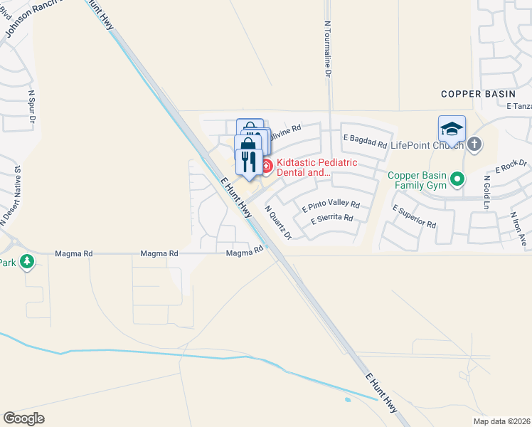 map of restaurants, bars, coffee shops, grocery stores, and more near 28167 North Quartz Drive in Queen Creek