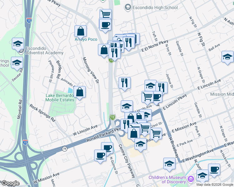 map of restaurants, bars, coffee shops, grocery stores, and more near 1141 North Escondido Boulevard in Escondido