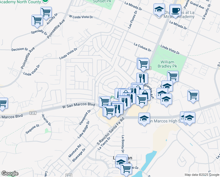 map of restaurants, bars, coffee shops, grocery stores, and more near 650 South Rancho Santa Fe Road in San Marcos