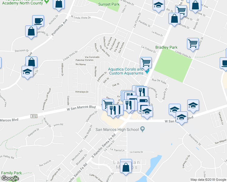 map of restaurants, bars, coffee shops, grocery stores, and more near 650 South Rancho Santa Fe Road in San Marcos