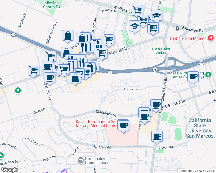 map of restaurants, bars, coffee shops, grocery stores, and more near 404 Discovery Street in San Marcos