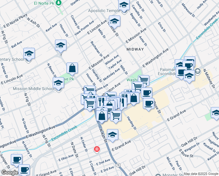 map of restaurants, bars, coffee shops, grocery stores, and more near 1319 Jefferson Avenue in Escondido