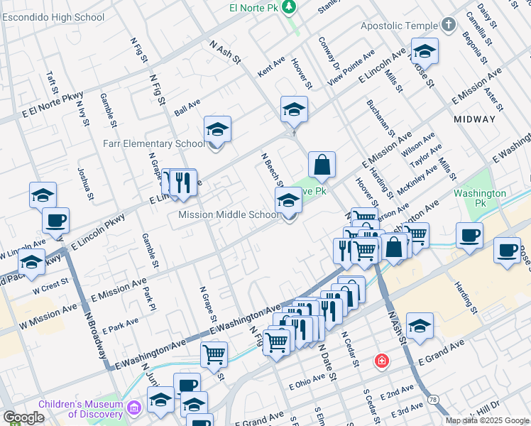 map of restaurants, bars, coffee shops, grocery stores, and more near 852 East Mission Avenue in Escondido