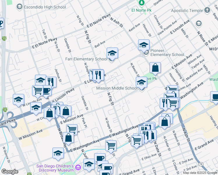 map of restaurants, bars, coffee shops, grocery stores, and more near 902 North Fig Street in Escondido