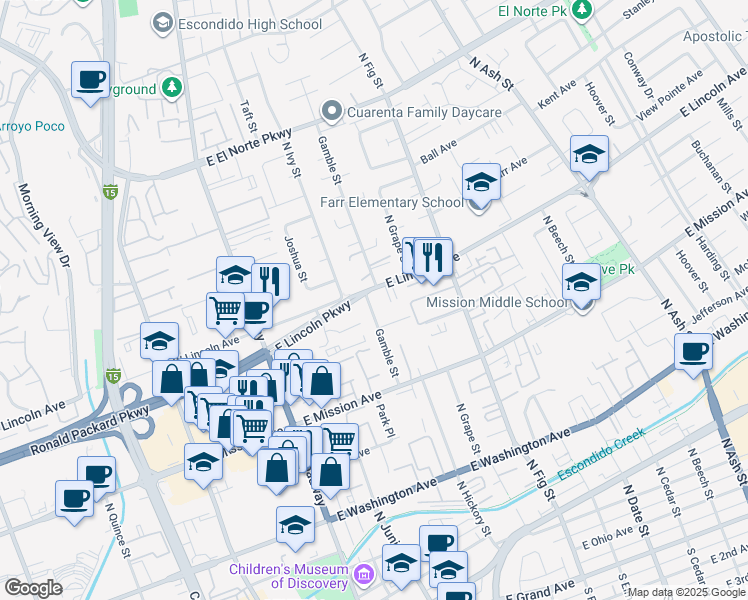 map of restaurants, bars, coffee shops, grocery stores, and more near 997 Gamble Street in Escondido