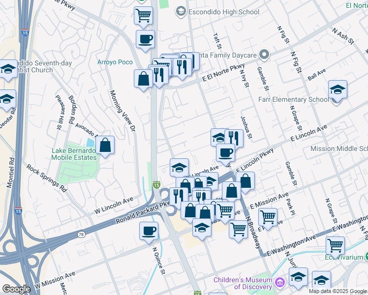 map of restaurants, bars, coffee shops, grocery stores, and more near 1125 North Broadway in Escondido