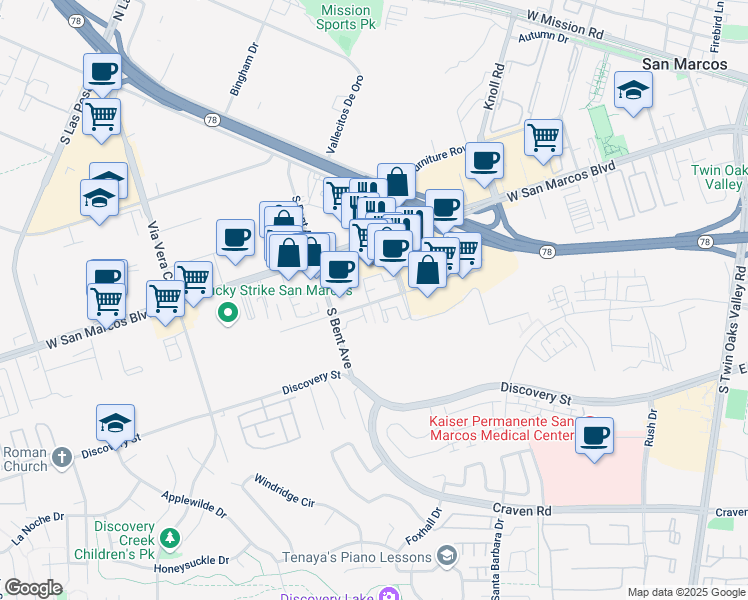 map of restaurants, bars, coffee shops, grocery stores, and more near 16 Creekside Drive in San Marcos